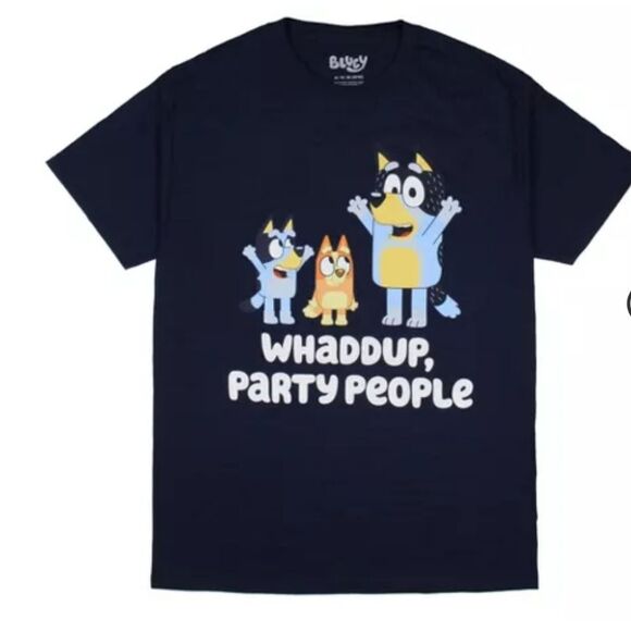 Bluey Men's Whaddup Party People Graphic Print T-Shirt Adult Blue size XL - Picture 1 of 8
